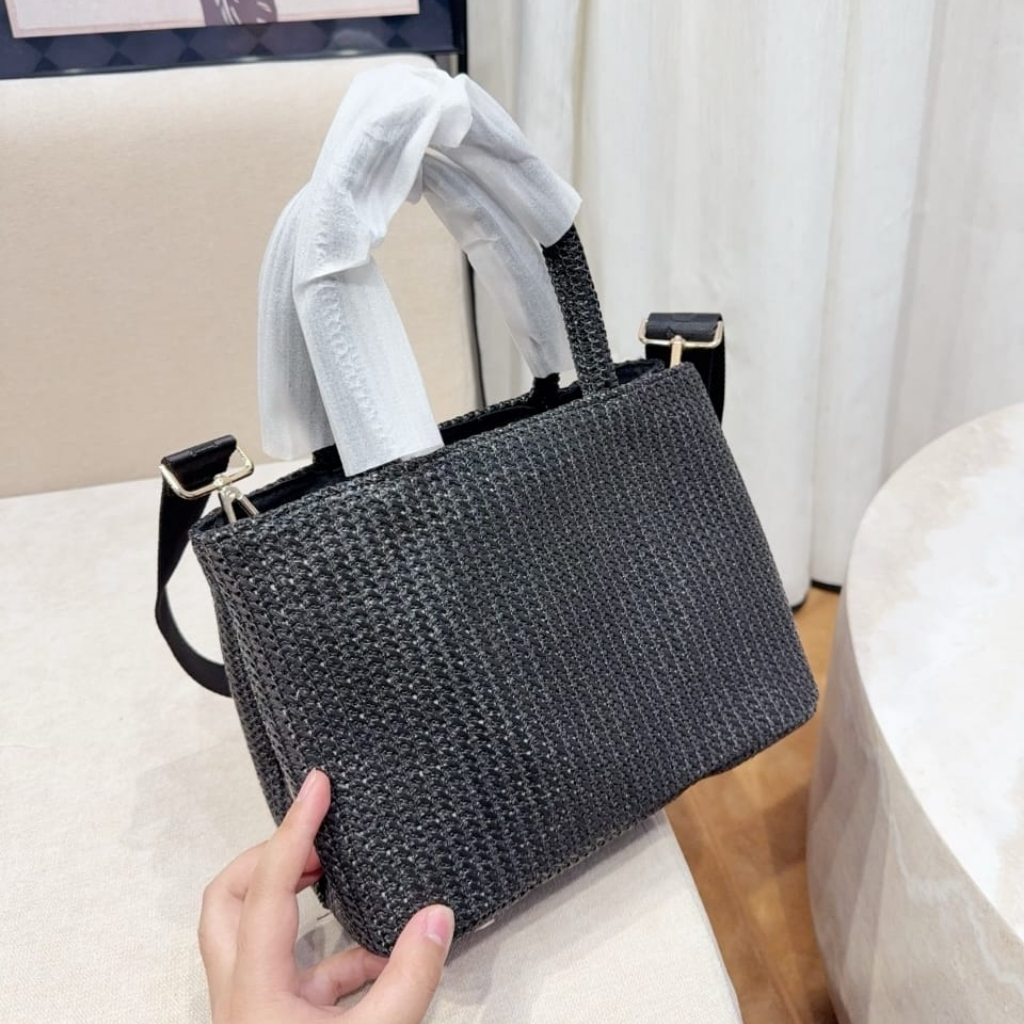 Prada Small Crochet Tote Bag Raffia In Black 26cm 1BG422 2A2T F0002 V OOL