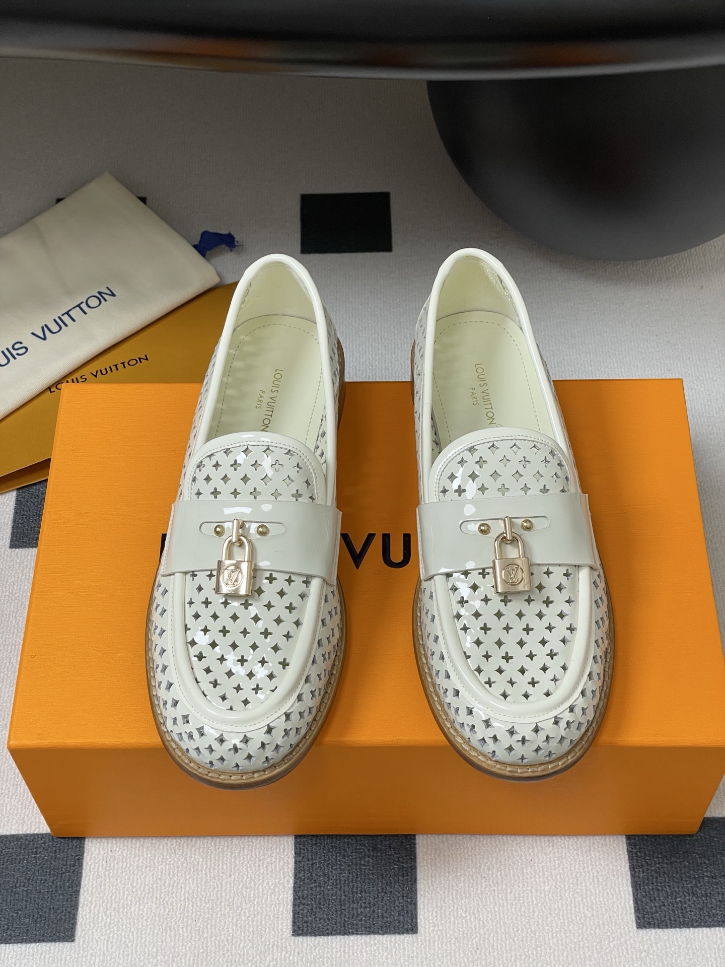 Louis Vuitton Chess Flat Loafer White Monogram Embroidered with Gold Padlock 1AGXRV