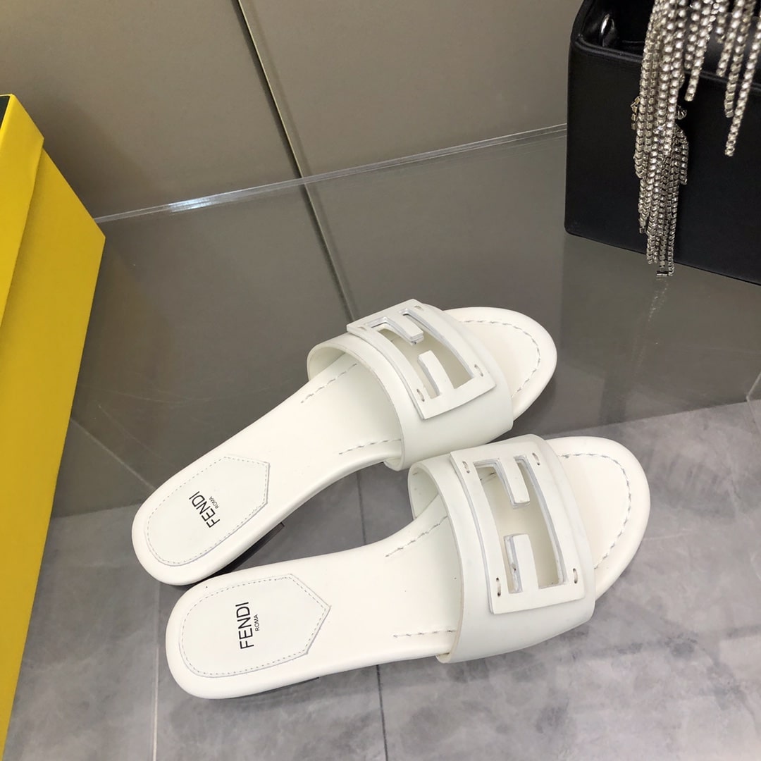Fendi Baguette White Leather Slides