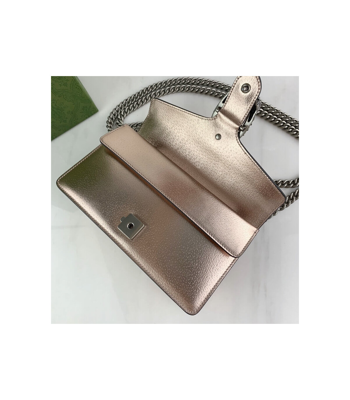 Gucci Dionysus Small Shoulder Bag in Rose Gold Lame Leather