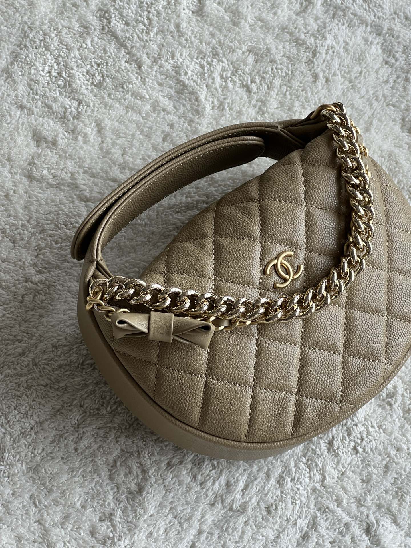 24S Half Moon Hula Hoop Bag in Dark Beige Quilted Caviar Leather with Light Gold-Tone Hardware and Bow Detail