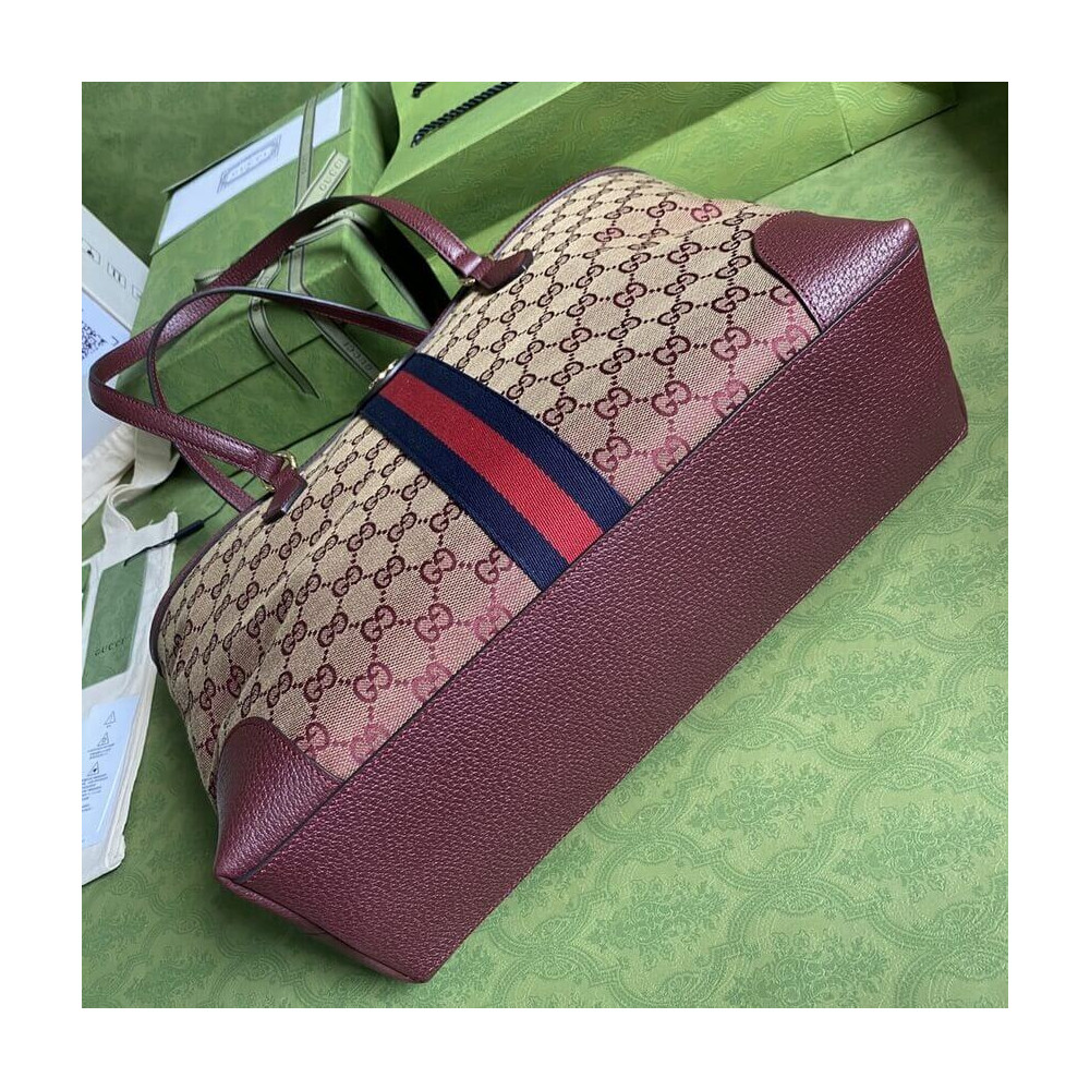 Gucci Ophidia Medium Tote With Web in Burgundy GG Canvas