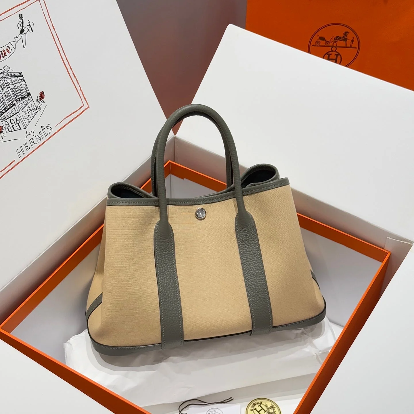 HM Garden Party 30cm Bag Vert Amande Togo Beige Canvas