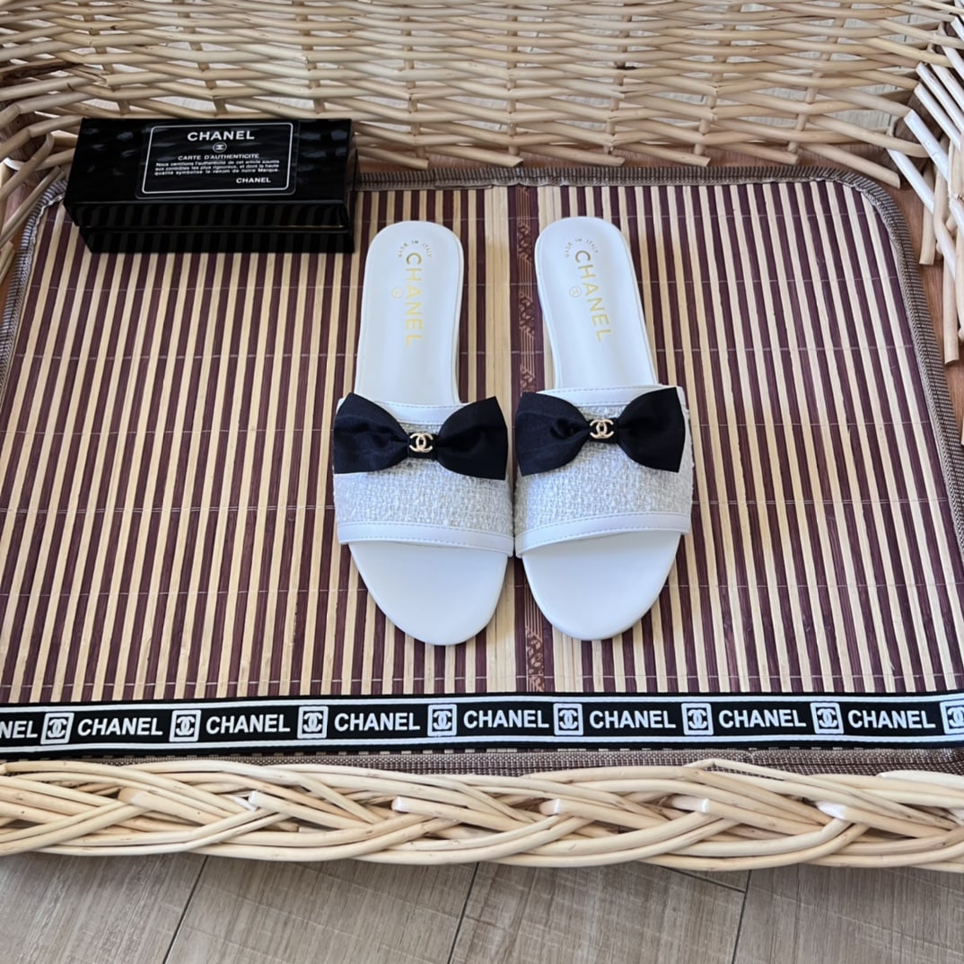 Chanel Grosgrain Ribbon Bow Flat Sandal Tweed White