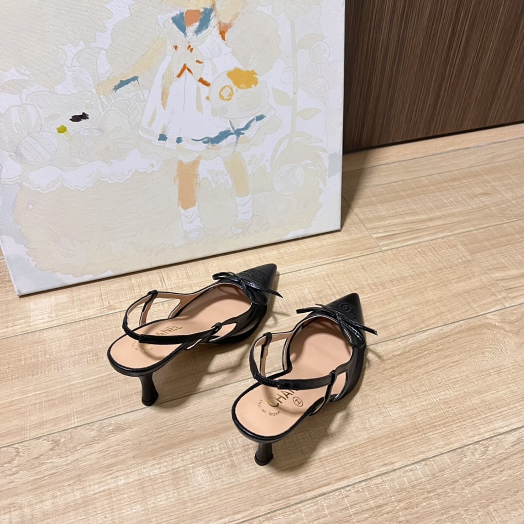 Chanel Cc Leather Pointy Toe Pumps Slingbacks Sandals Black