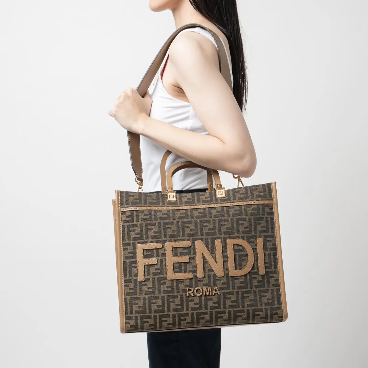 Fendi FF Jacquard Sunshine Medium Tote Bag Brown 35Cm