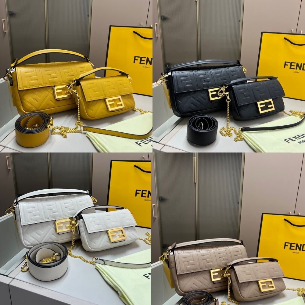 Fendi Baguette Chain Midi Leather Bag Beige With FF Motif 24Cm