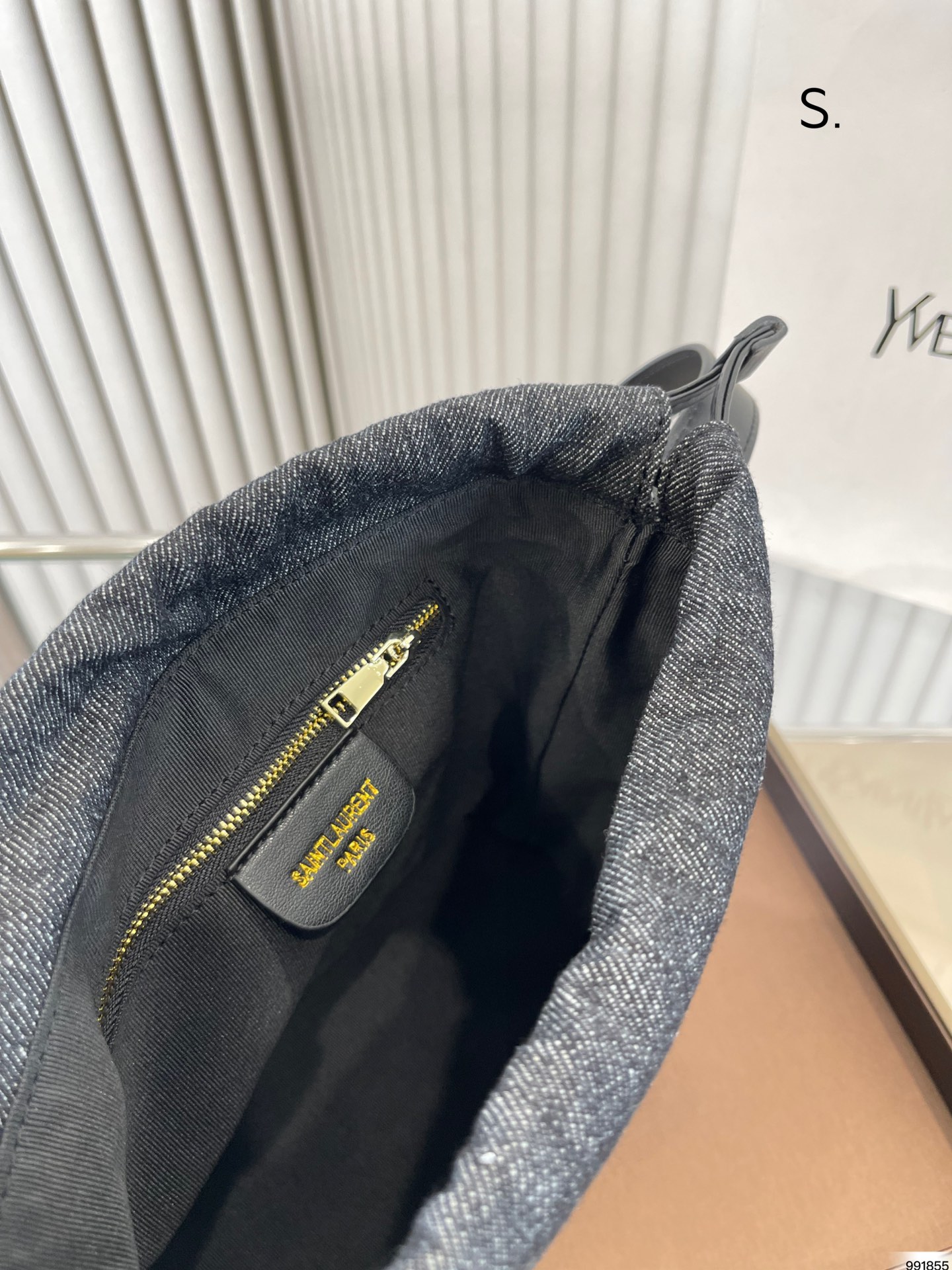 Saint Laurent Rive Gauche Laced Bucket Bag In Embroidered Felt And Smooth Leather Denim Black