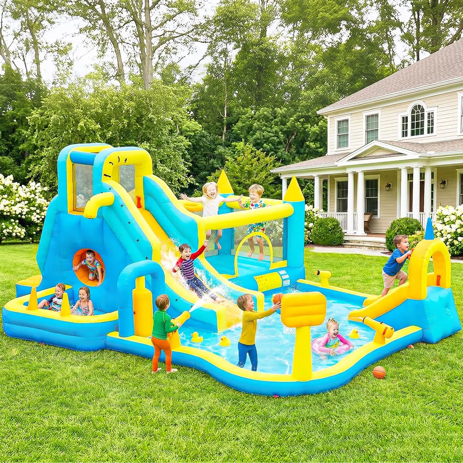 🔥Summer Deal🔥 Inflatable Water Slide Park with Splash Pool & Water Cannons