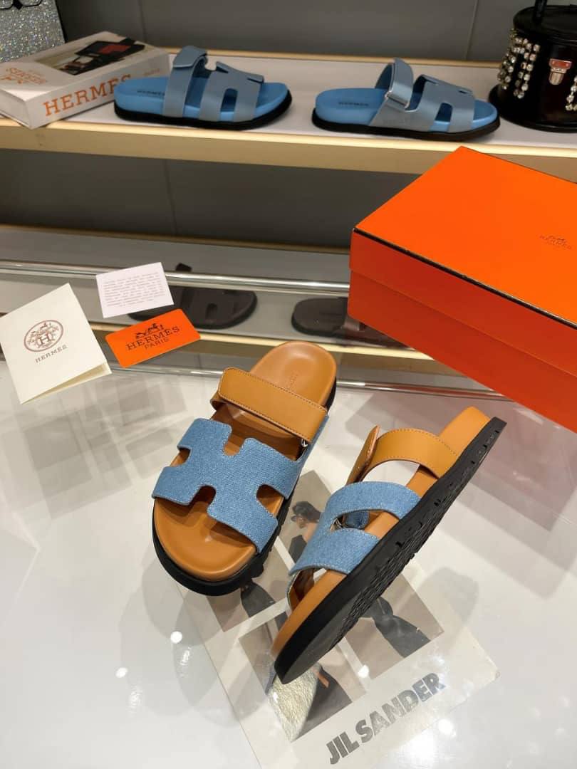 Hermes Chypre Flat Sandals Denim Brown