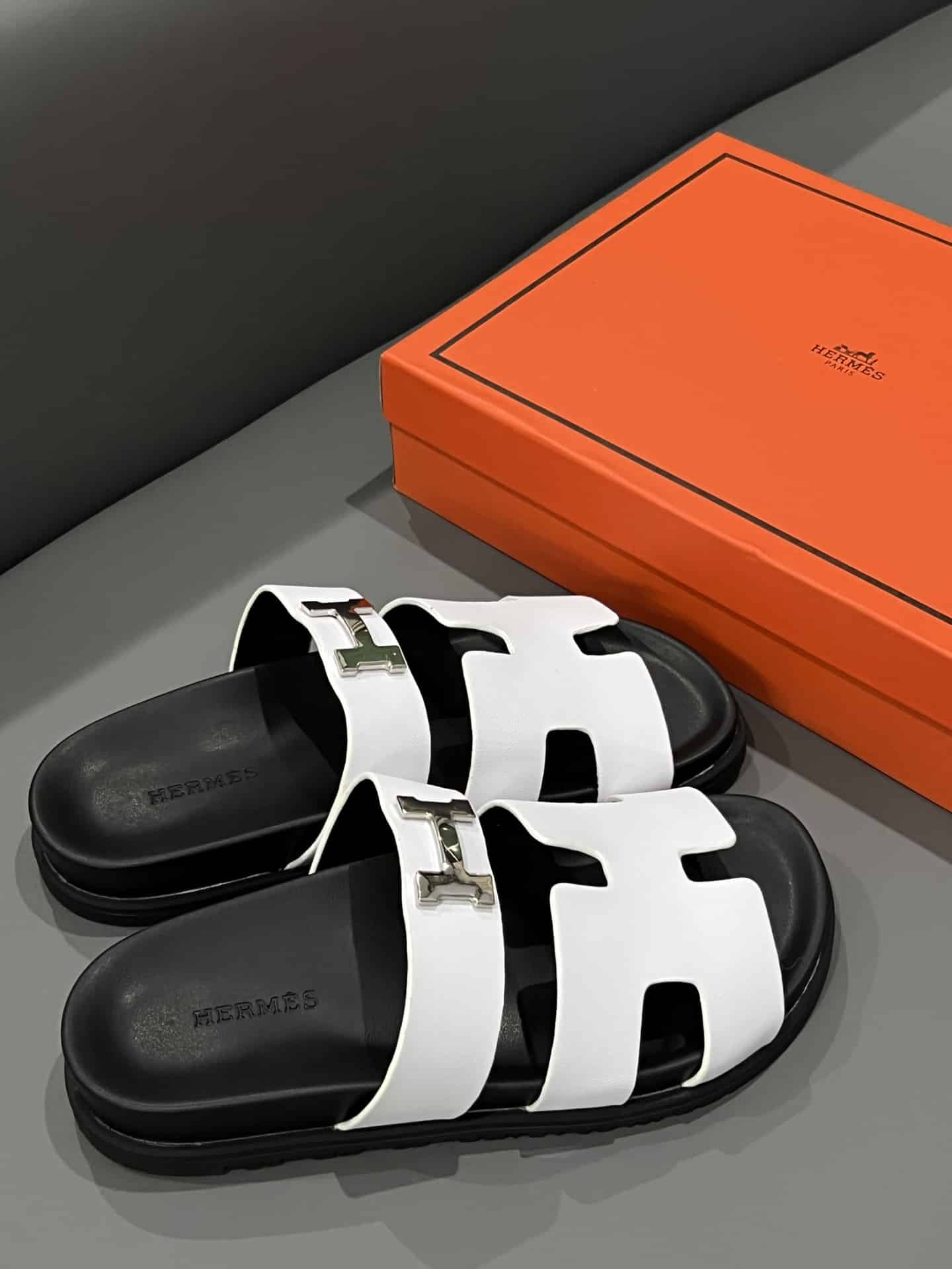 Hermes Chypre Sandal H Logo Silver Hardware White