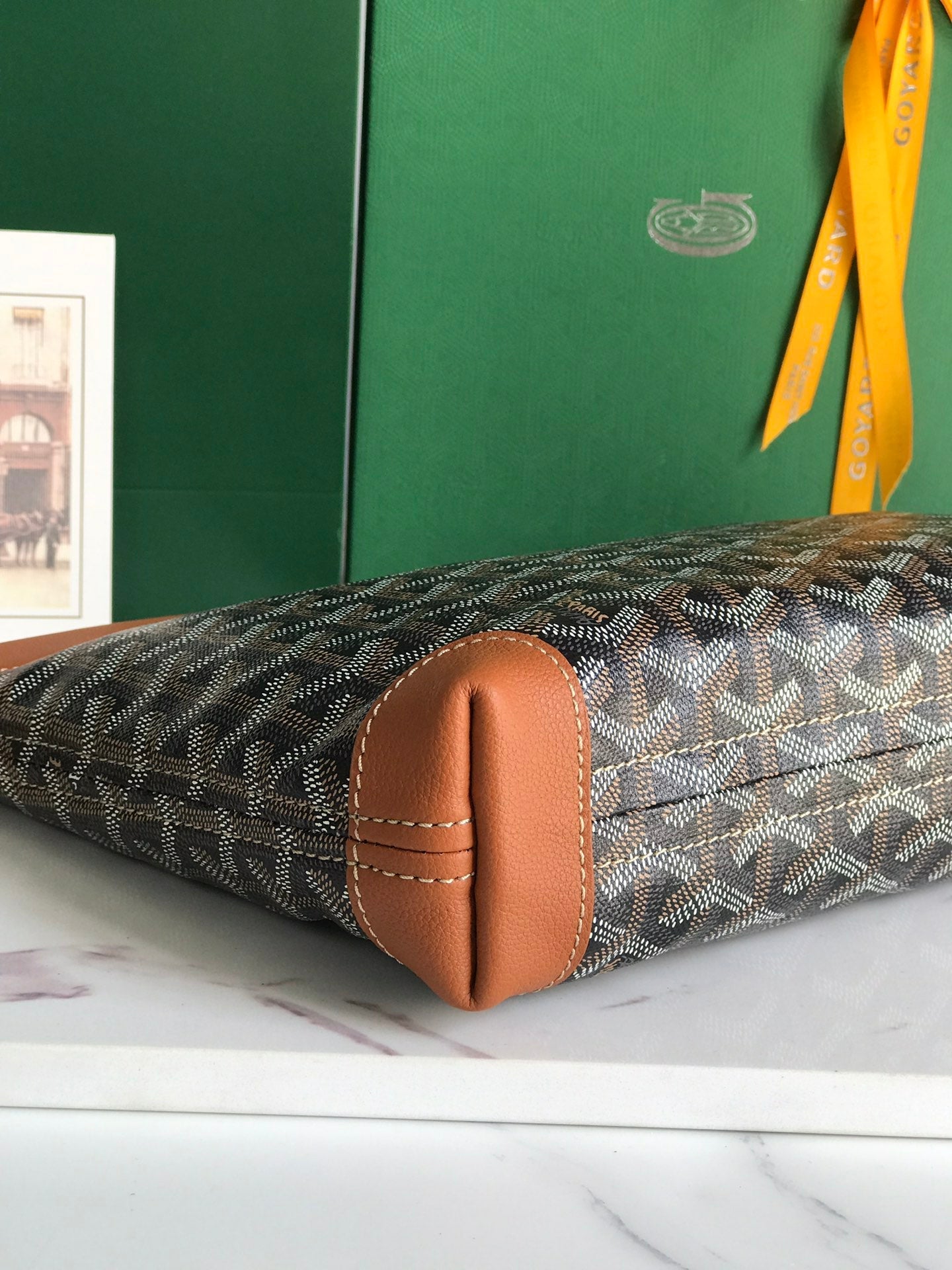 Goyard Conti Pouch 24 Cm Tan Lambskin And Black Goyardine Canvas