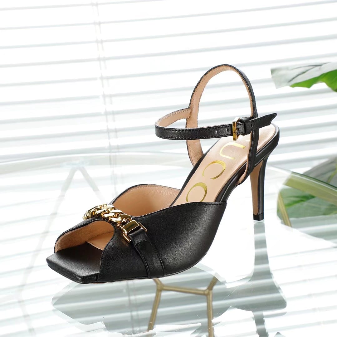 Gucci Metal Chain Stiletto Heels Flip Flop Fish Mouth Sandals Black