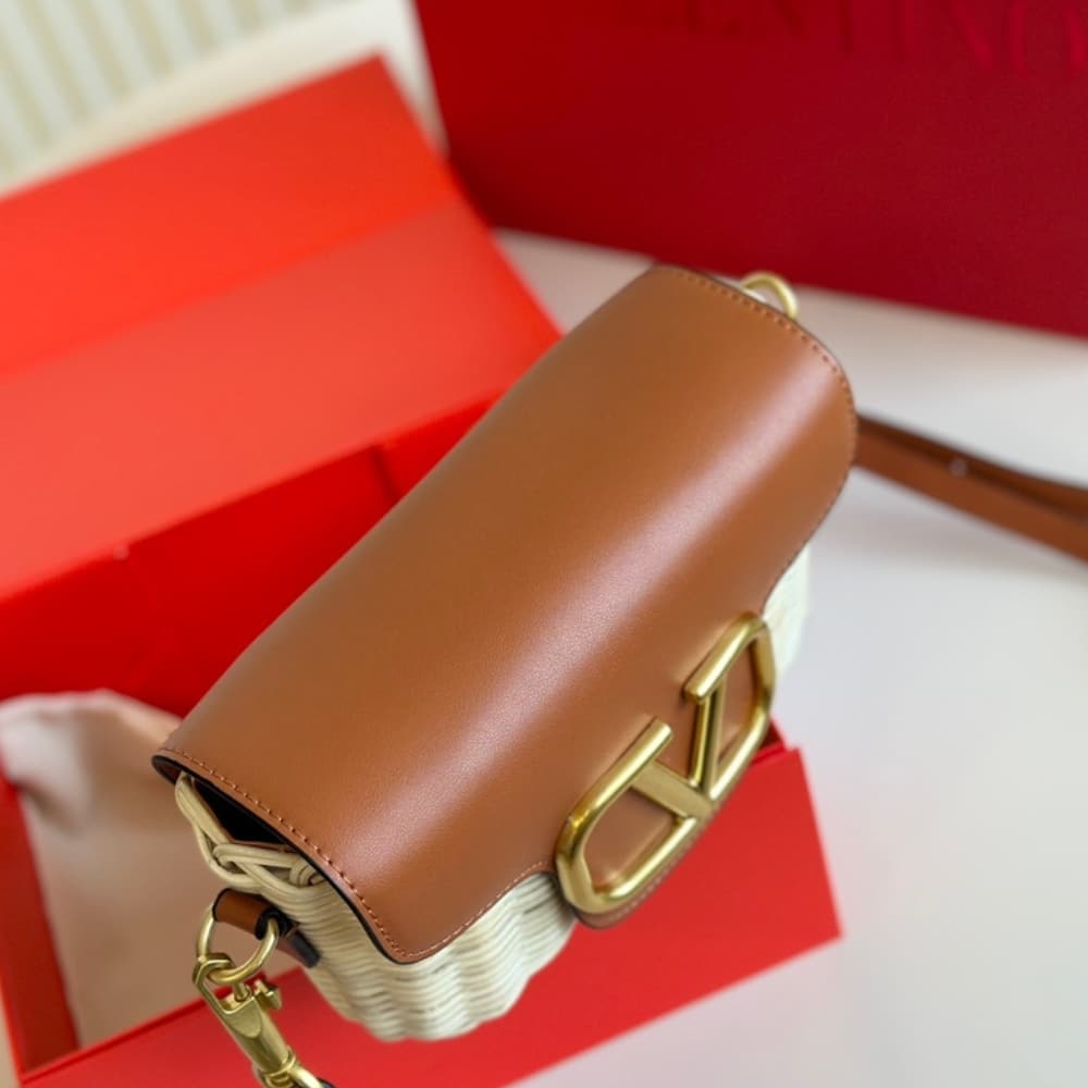 Valentino Loco VLogo Flap Straw Shoulder Bag Brown 18Cm