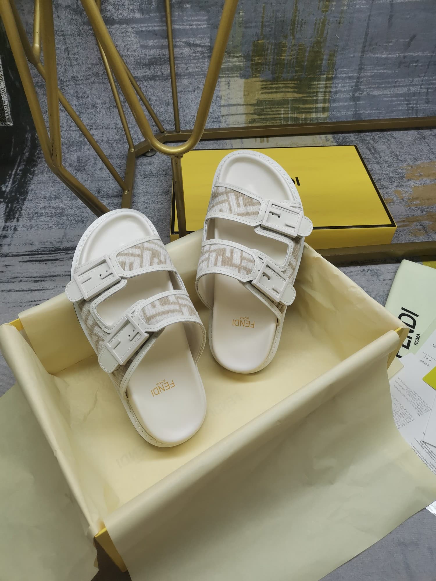 Fendi Feel Dove Grey Ff Chenille Slides White