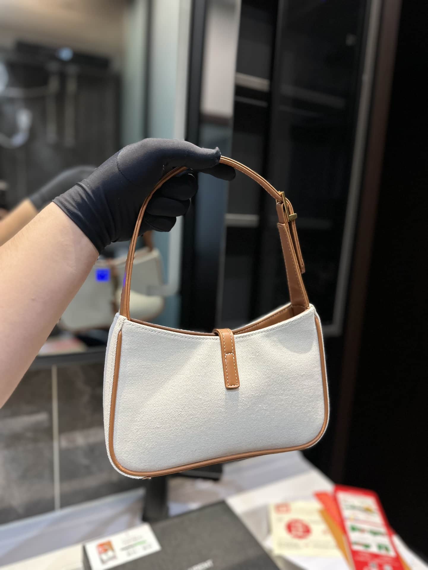 Saint Laurent Le 5 A 7 Linen Canvas Hobo Bag White And Brown 25Cm