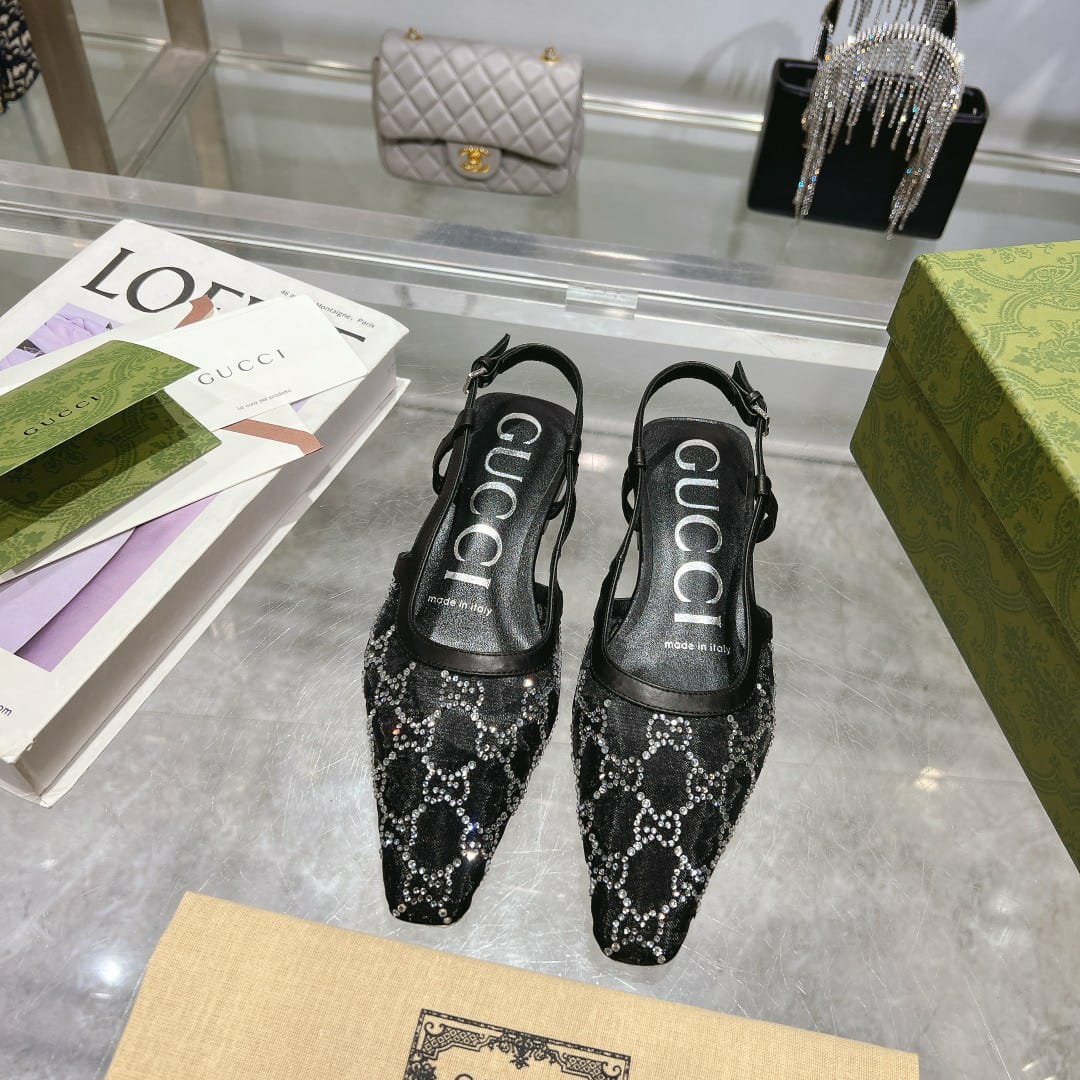 Gucci Gg Embellished Slingback Flats Black