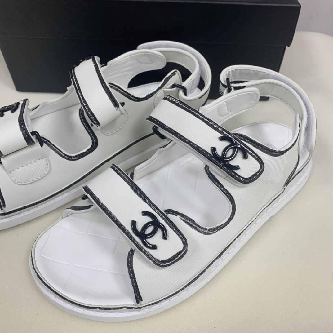 Chanel Calfskin Printed Velcro Dad Sandals White Black