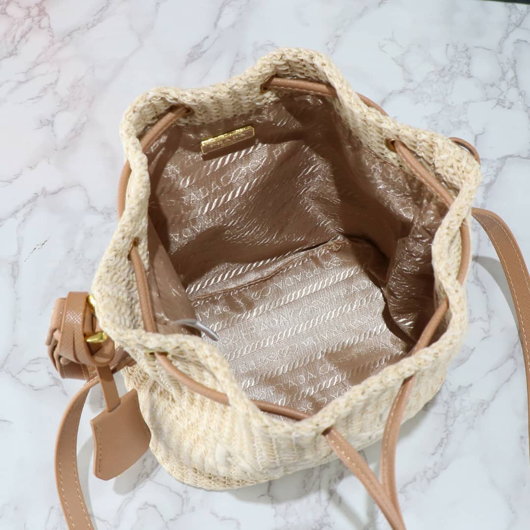 Prada Crochet And Leather Bucket Bag Natural 24Cm