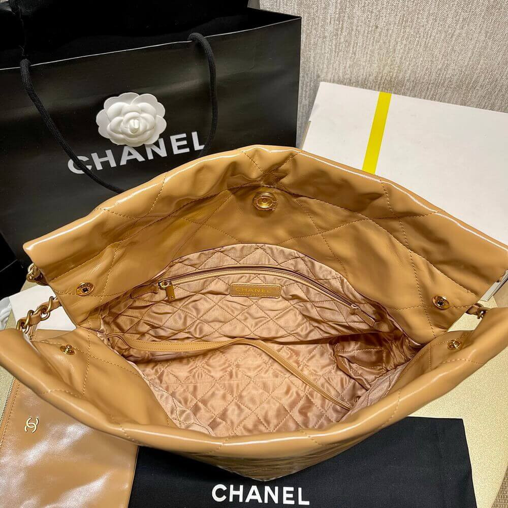 Chanel 22 Small Handbag Shiny Calfskin Camel Gold Metal