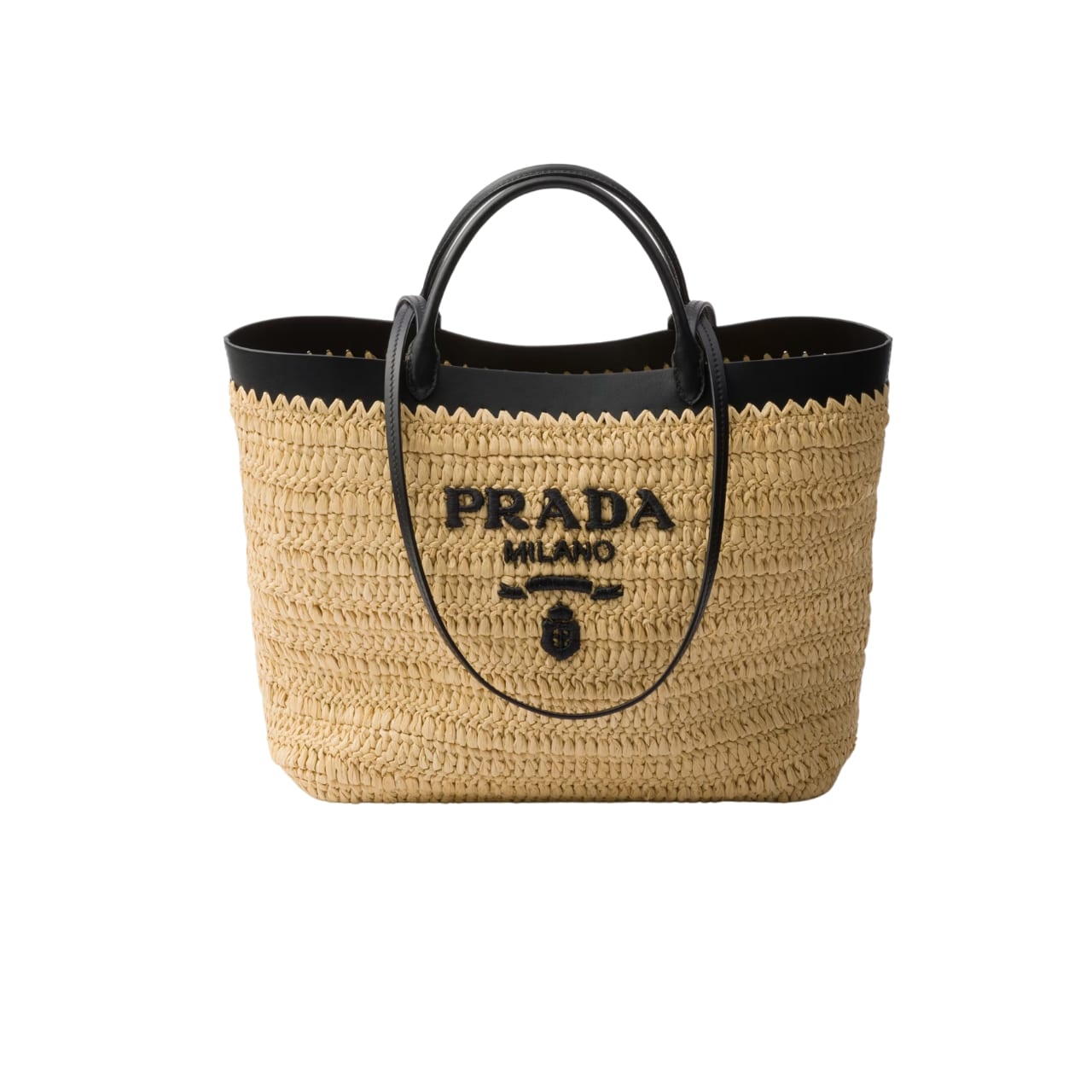 Prada Crochet And Leather Tote Bag Tan And Black 33Cm