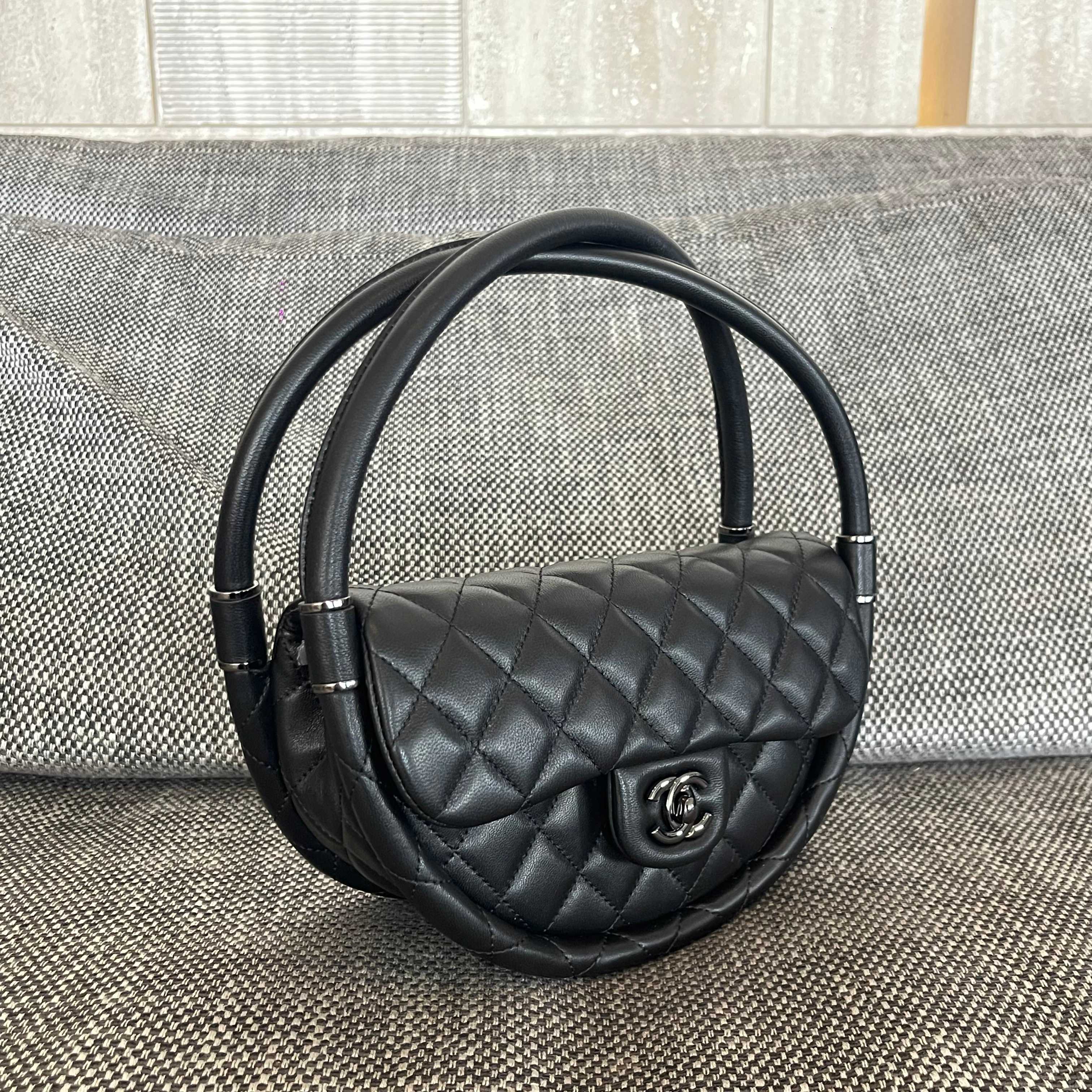 Vintage Black Quilted Lambskin Hula Hoop Flap Bag with Silver-Tone CC Turn-Lock