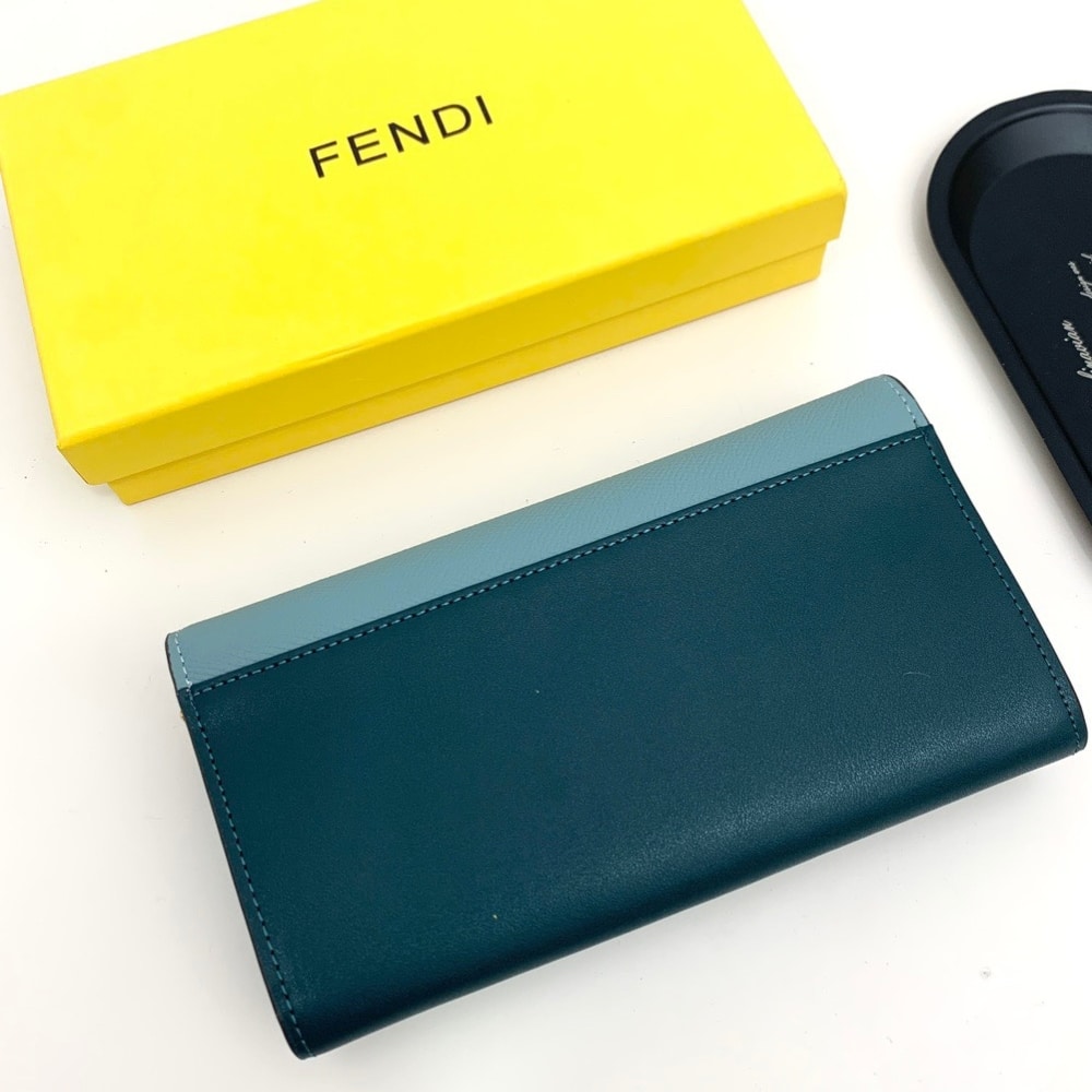 Fendi Ff Diamonds Continental With Chain Leather Wallet Green Blue 19Cm
