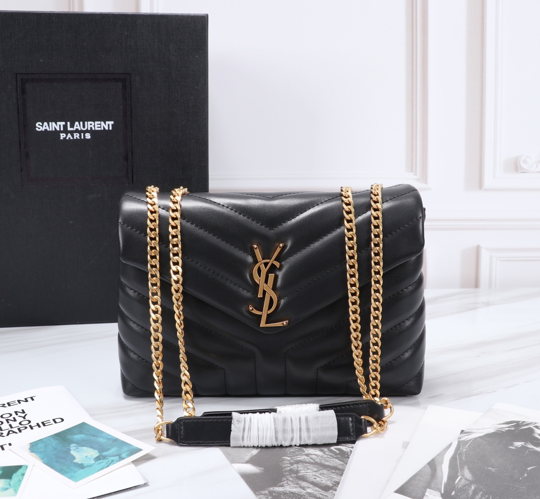 Saint Laurent Loulou Small Chain Bag In Matelassã‰ Y Black Gold 23Cm