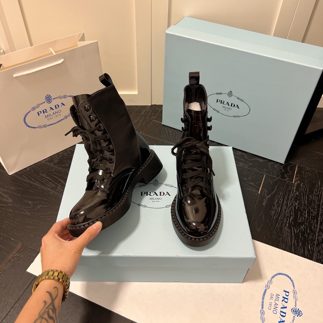 Prada Brushed-Leather And Re-Nylon Boots Shiny Black