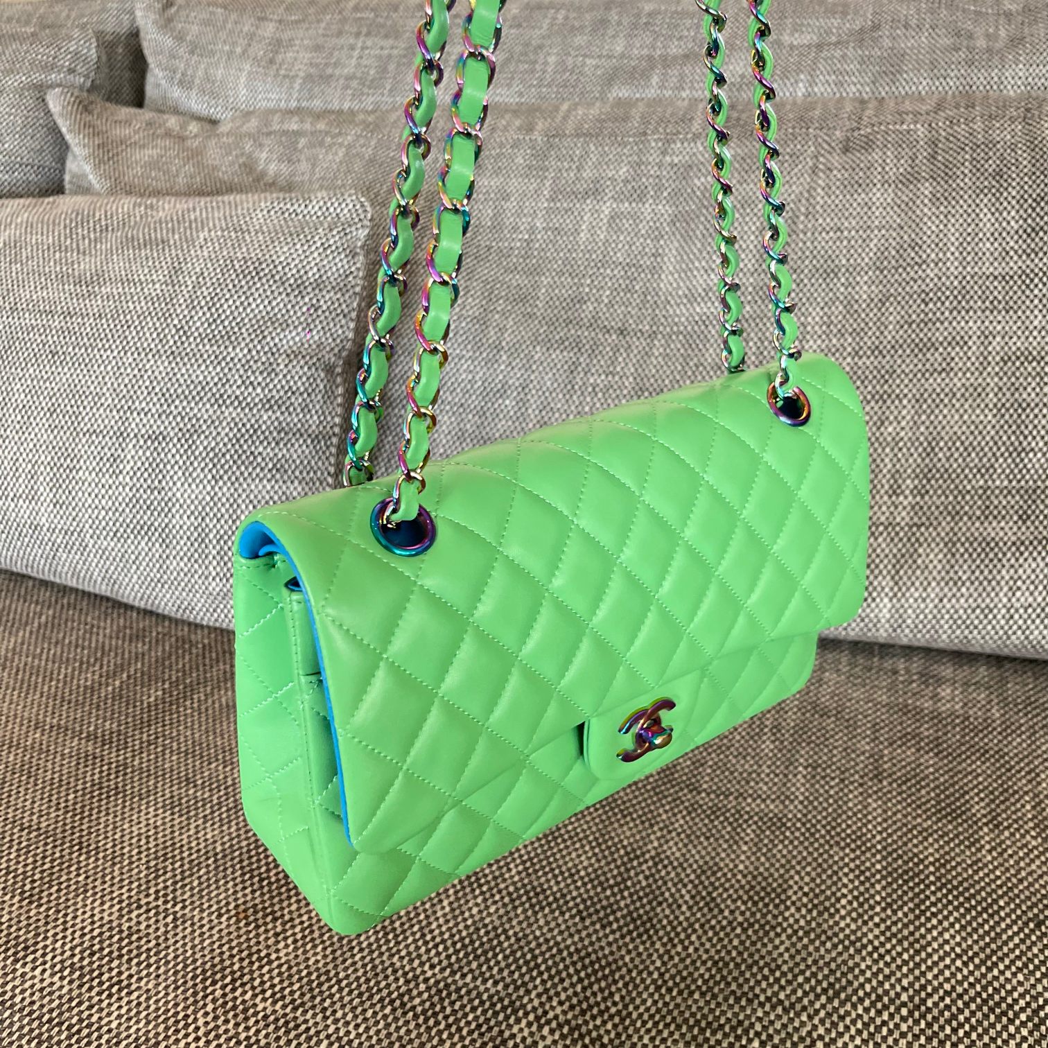 Vintage Classic Double Flap Bright Green Quilted Lambskin Shoulder Bag with Multicolor Iridescent CC Turn-Lock & Chain Strap