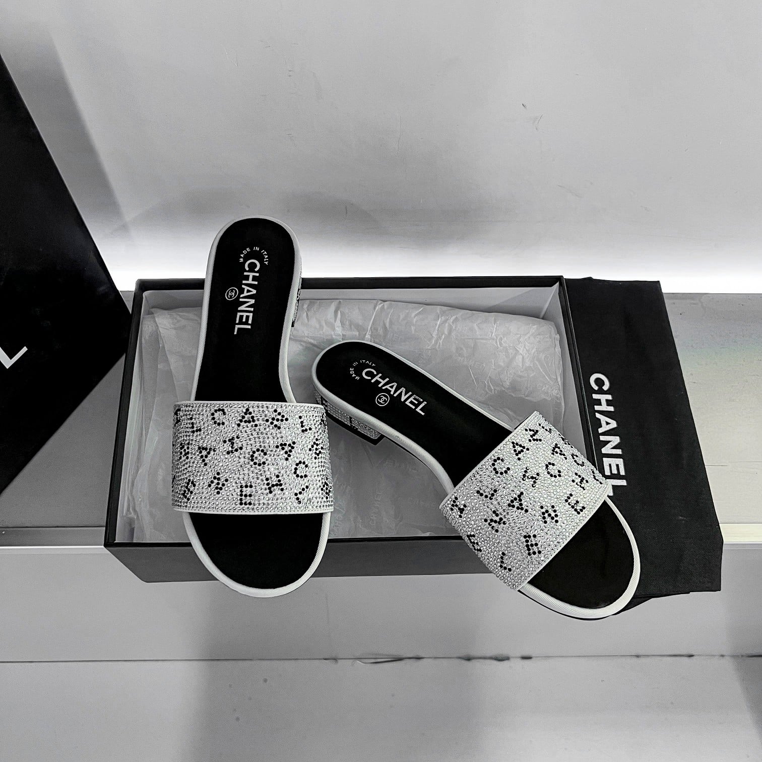 Chanel 24P Beaded Diamond Logo Slippers Silver