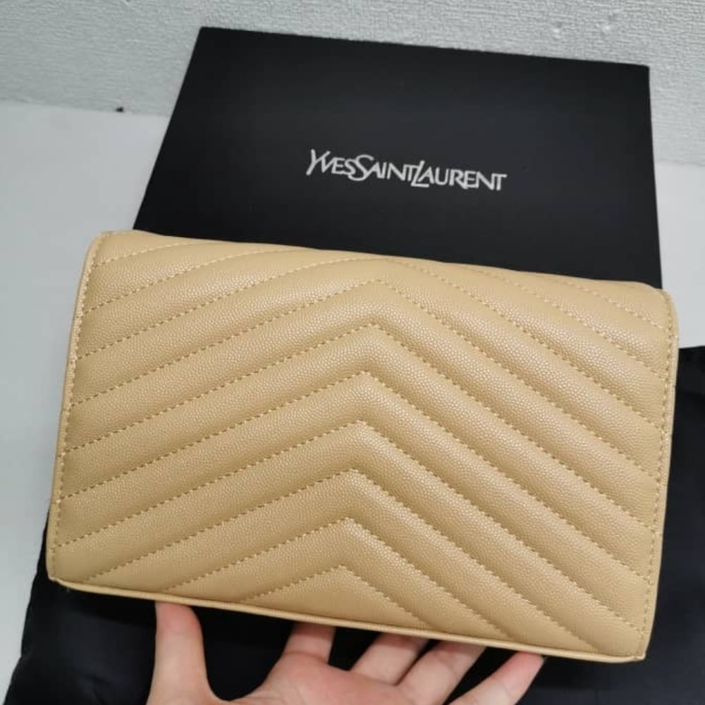 Saint Laurent Classic Cassandre Grain De Poudre Chain Wallet Beige 22cm 377828BOW012721
