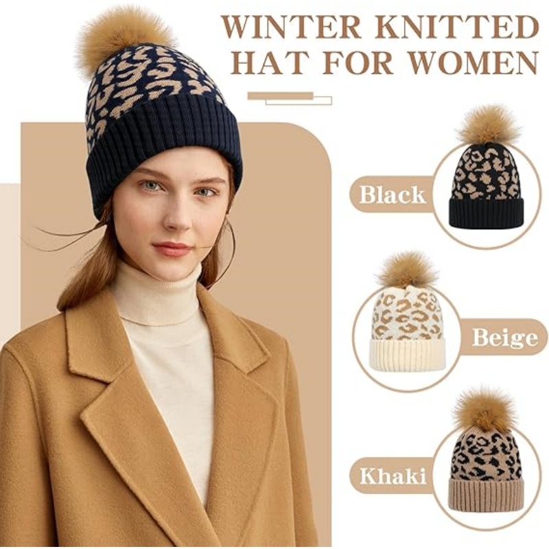 Women Winter Knitted Beanie Hat with Faux Fur Pom