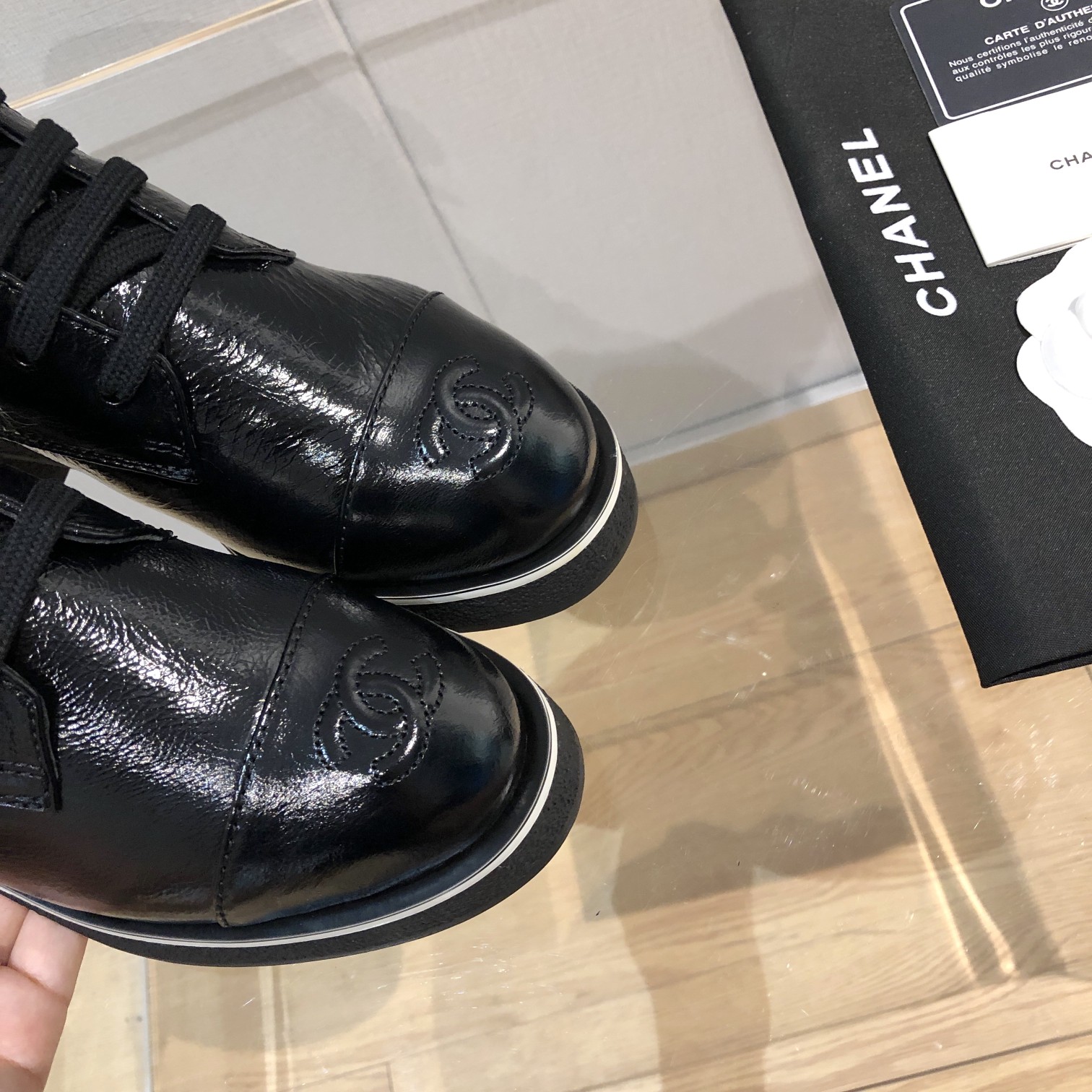 Chanel White Logo Crinkled Leather Combat Boots For Women