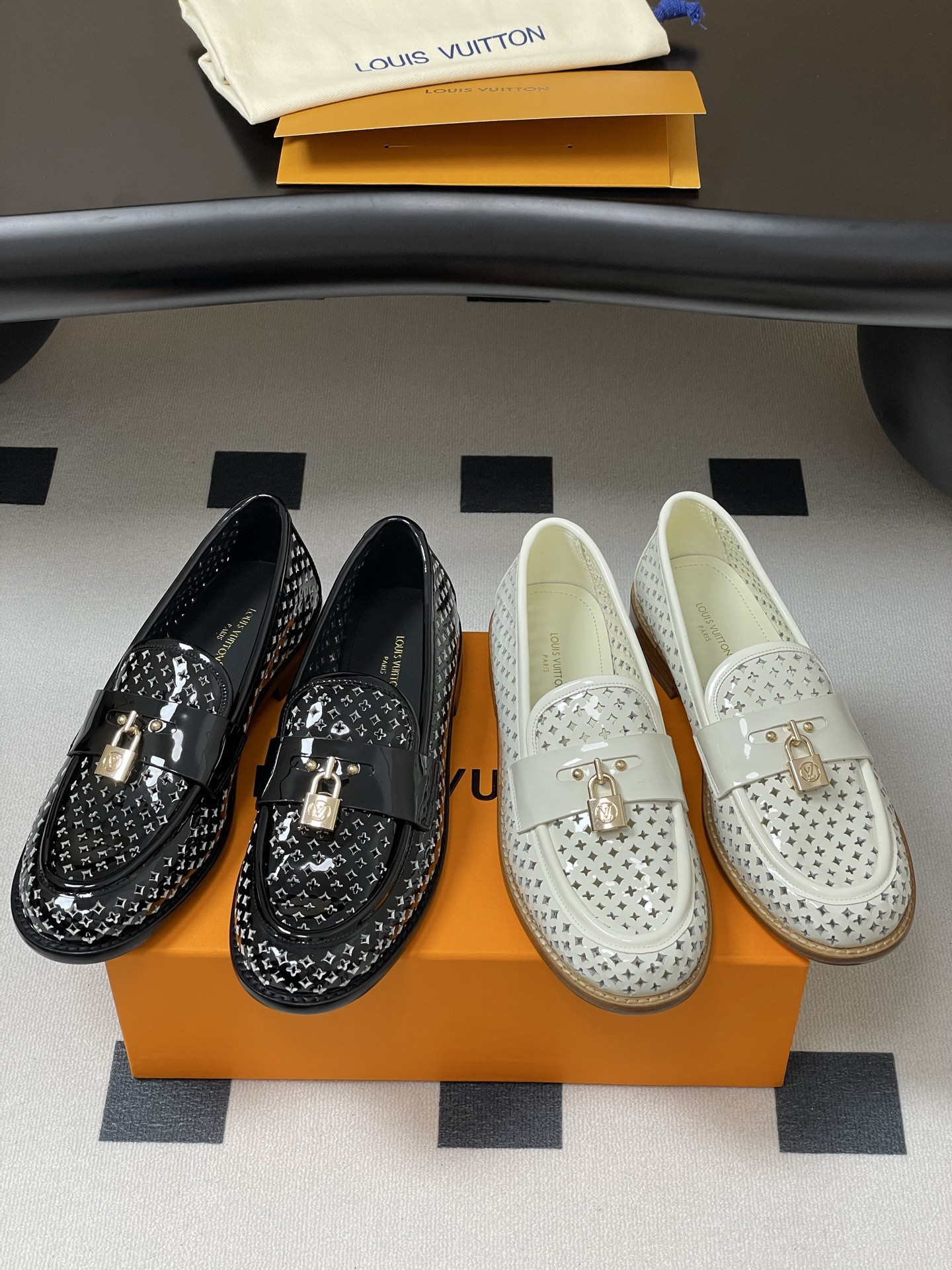 Louis Vuitton Chess Flat Loafer White Monogram Embroidered with Gold Padlock 1AGXRV