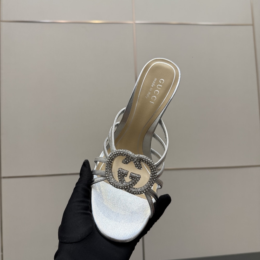 Gucci Women Slide Sandal With Crystal Interlocking G Silver 852663 0Mw00 8106