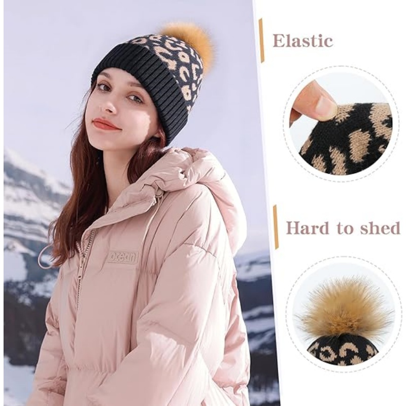 Women Winter Knitted Beanie Hat with Faux Fur Pom