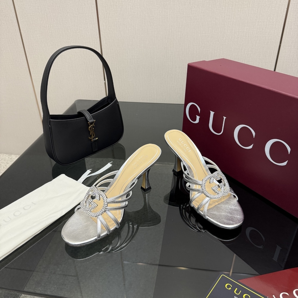 Gucci Women Slide Sandal With Crystal Interlocking G Silver 852663 0Mw00 8106