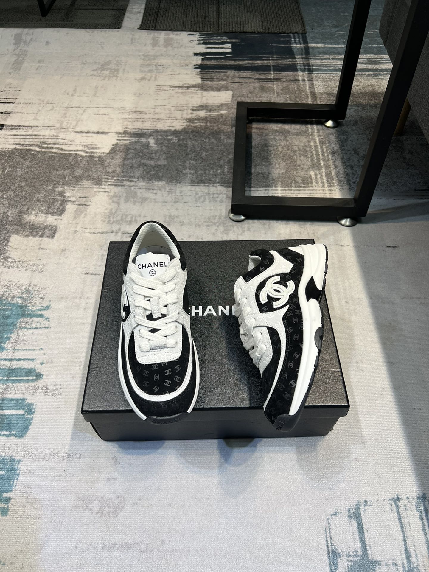 Chanel Cc Embossed Logo Suede Black White