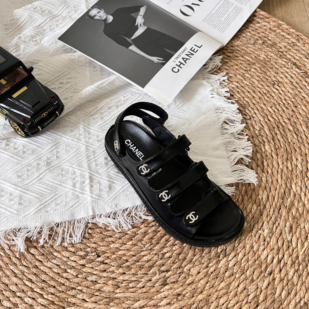 Chanel Triple Velcro Strap Sandals Black G45628 B16403 94305