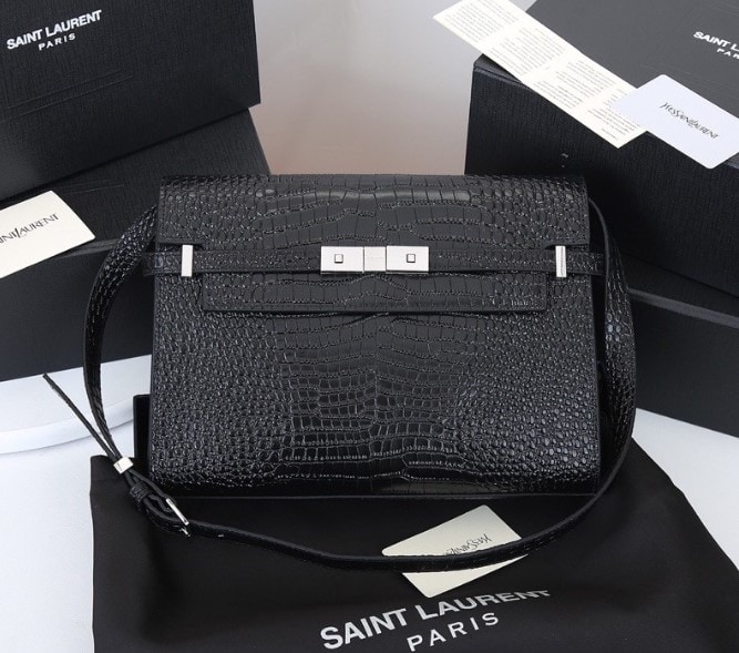 Saint Laurent Manhattan Shoulder Bag In Crocodile Embossed Shiny Black Silver 25Cm