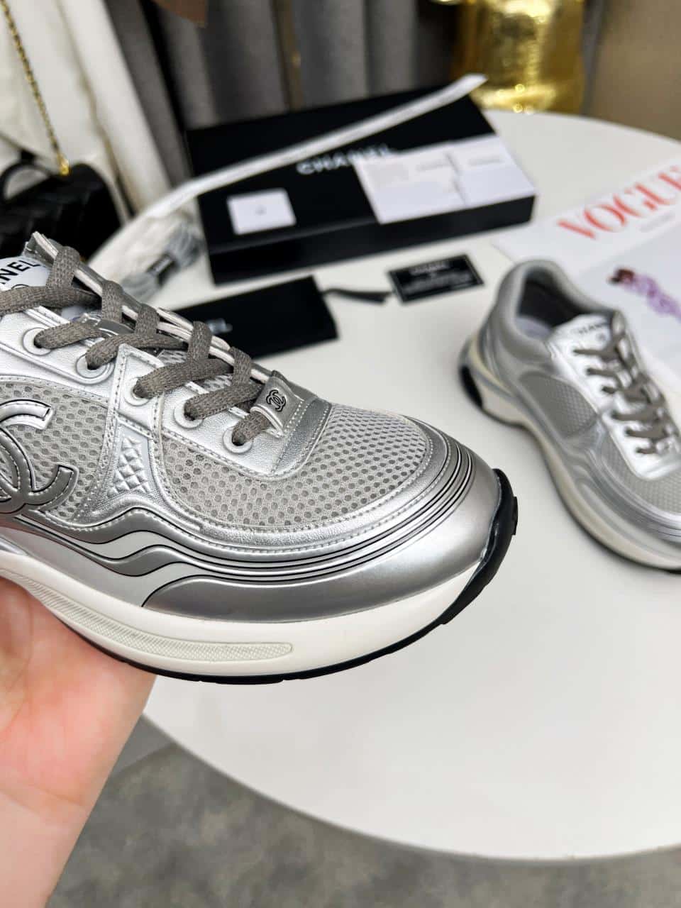 Chanel 23C Silver Metallic Cc Logo Lace Up Flat Runner Trainer Sneaker Gray