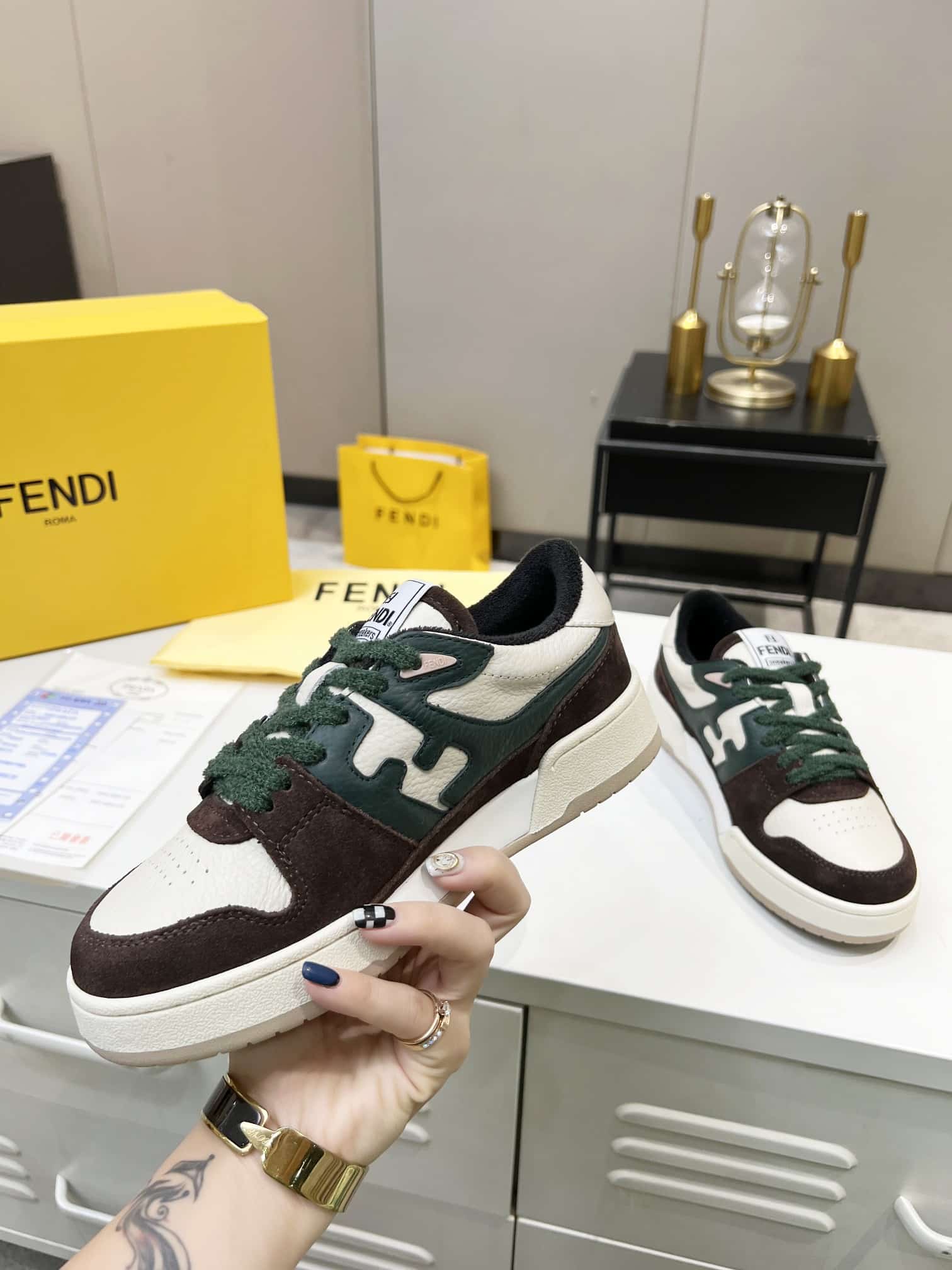 Fendi Match Low Tops Suede Black Green Shoelace