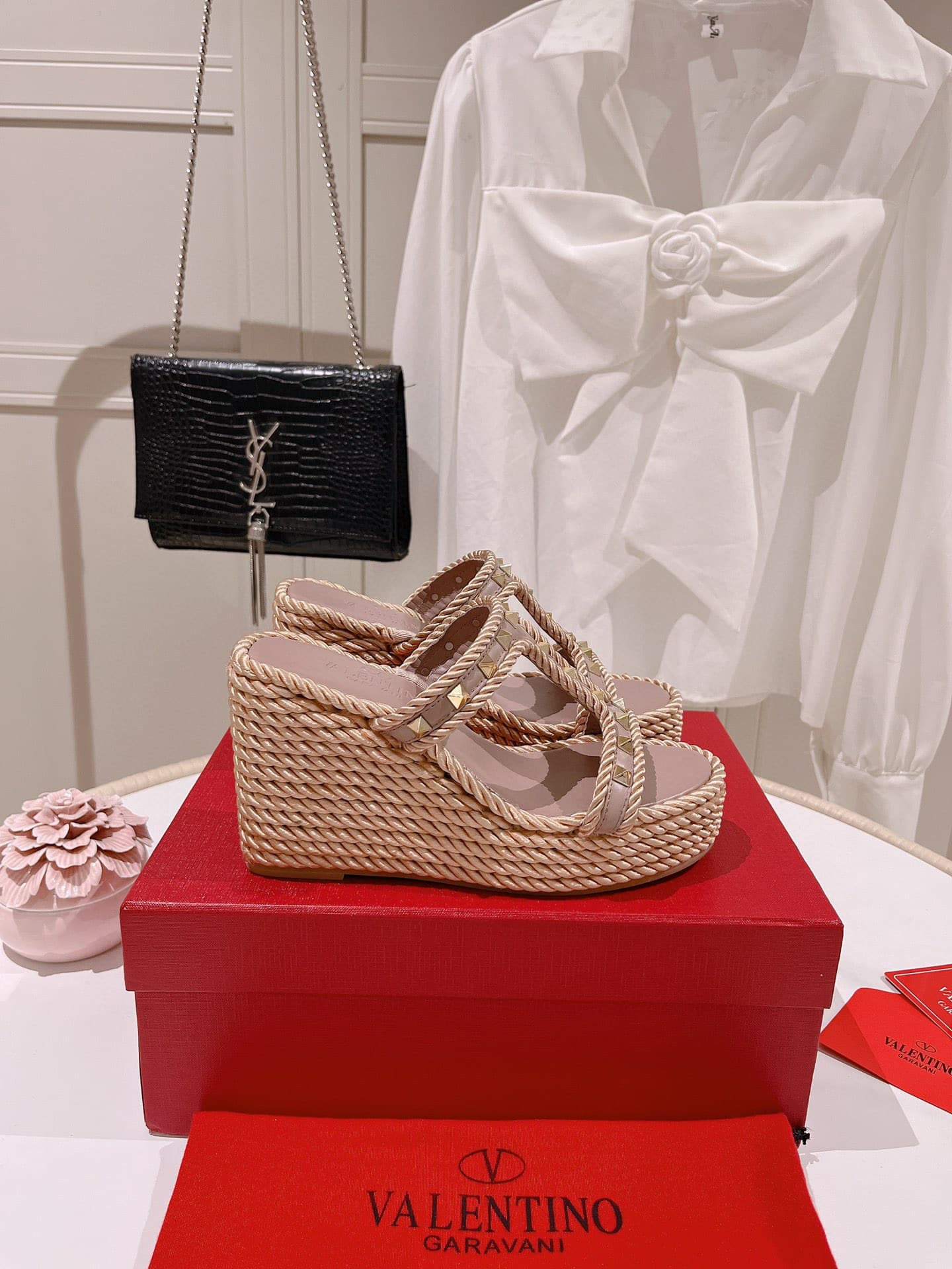 Valentino Rockstud Wedge In Calfskin Beige