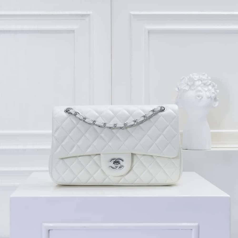 Chanel Classic Double Flap Bag White Silver Hardware 25cm