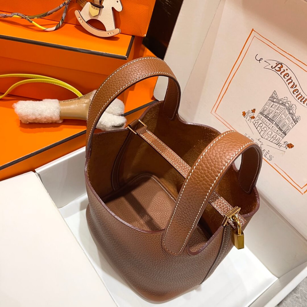 Hermes Picotin Lock Bag In Taurillon Clemence Gold Brown 22Cm