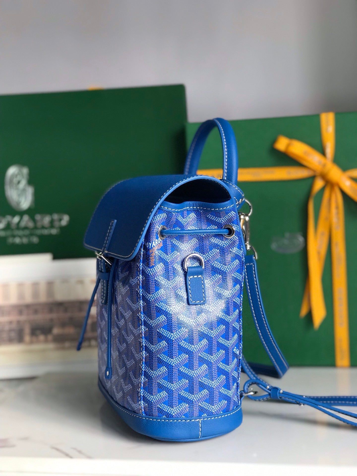 Goyard Alpin Mini Backpack 21 Cm Sapphire Blue Lambskin And Goyardine Canvas