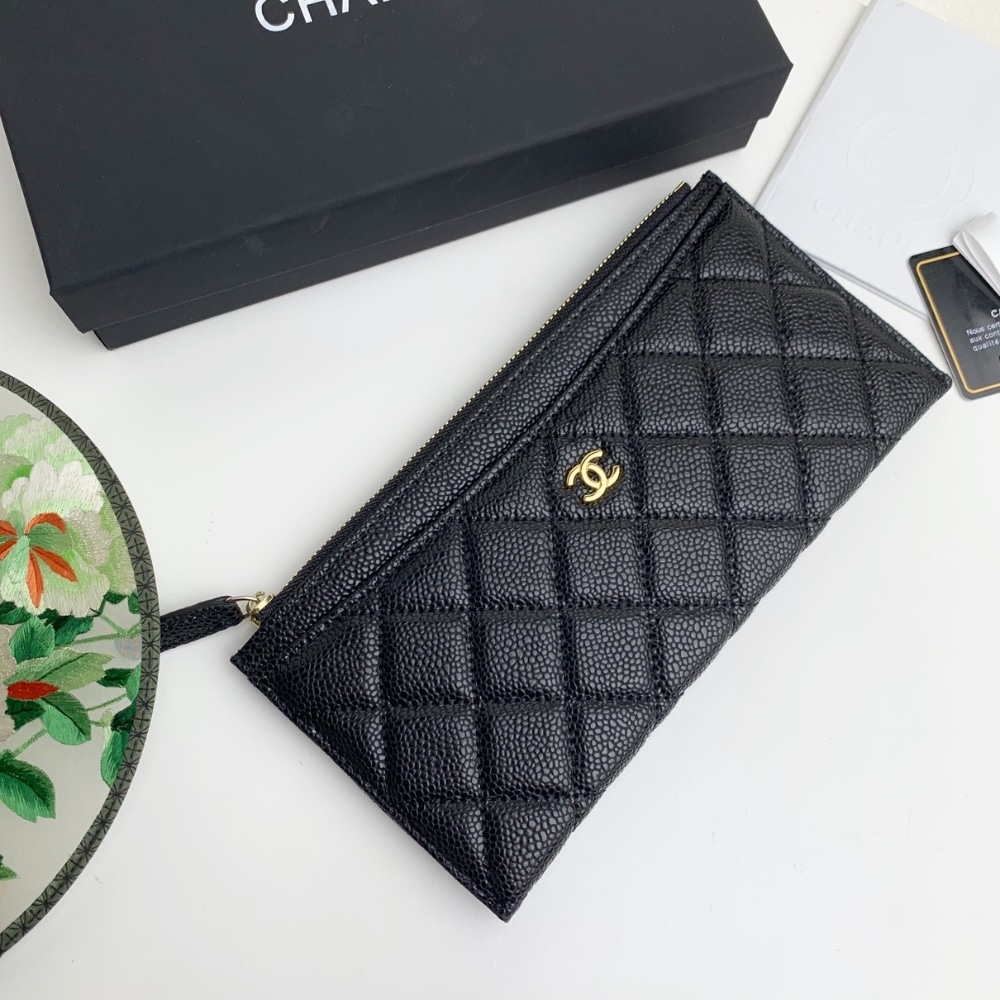 Chanel Classic Zip Pouch Caviar Wallet Black 22Cm