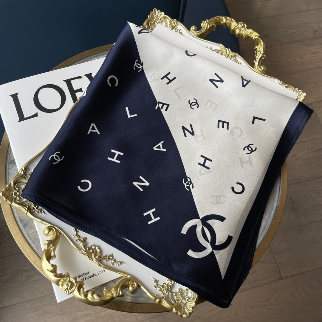 Chanel Multi Letters Square Silk Scarf White Blue