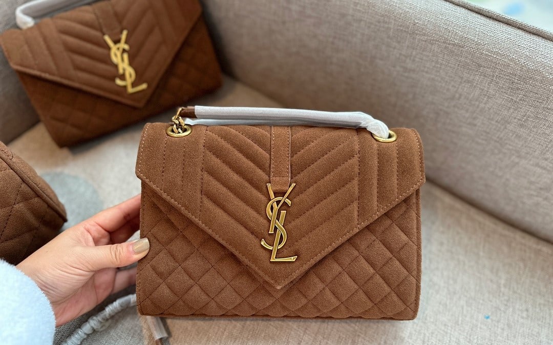 Saint Laurent Le 5 A 7 Bea In Suede Golden Leaf 55Cm Suede Shoulder Bag Brown 24Cm